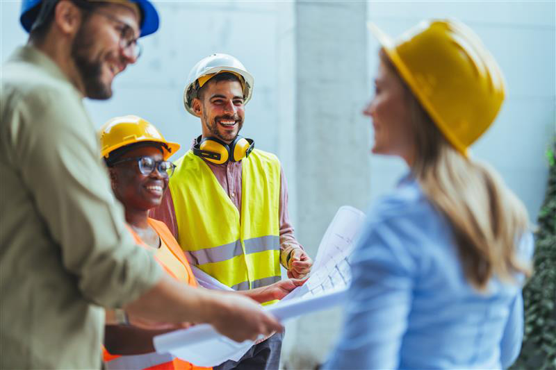 Construction workers discussing building plans